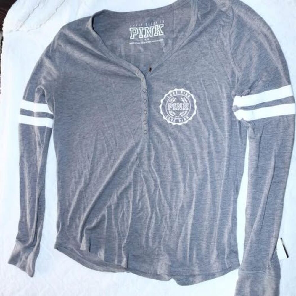 Victoria's Secret PINK Grey Henley Long Sleeve Sleep Top Medium